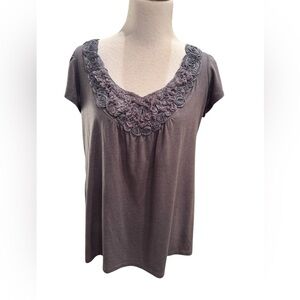 Miss Chievous Charcoal Gray Top with Cap Sleeves and Rosettes around Neckline